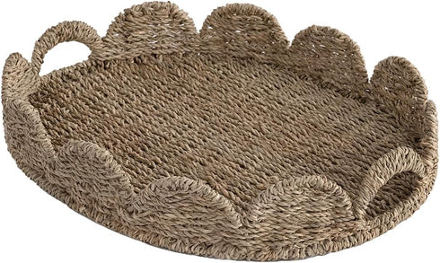 StorageWorks Scalloped Edge Wicker Serving Tray, Woven Rattan Table Trays with Handle,