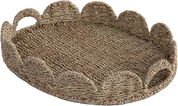 StorageWorks Scalloped Edge Wicker Serving Tray, Woven Rattan Table Trays with Handle,