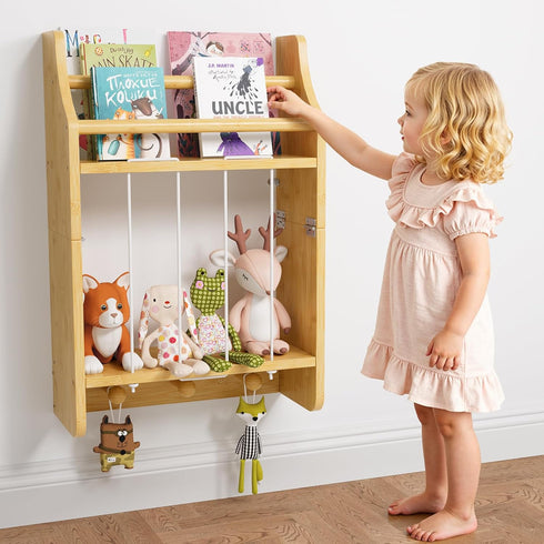 Wall-Mounted Kids Bookshelf, 2-Tier Bamboo Floating Nursery Book Shelf, Picture Ledge Shelf