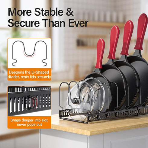 ORDORA Expandable Pots and Pans Organizer Under Cabinet, Cutting Board Pot Lid Holder with 10 Adjustable Dividers