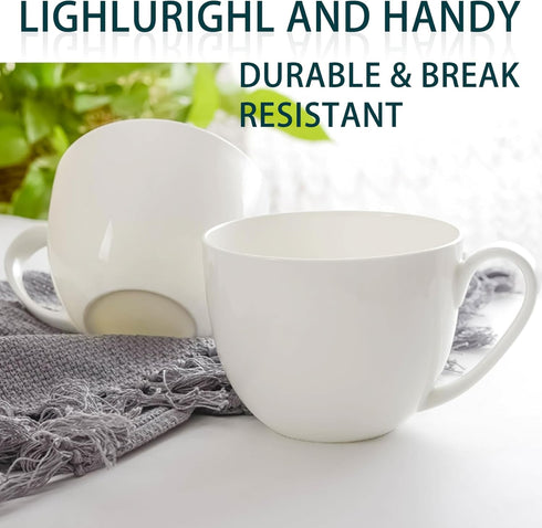 22 OZ Set 2 White Bone China Soup Mugs with Handles, Large Ceramic Coffee Mugs of for Hot Chocolate Cocoa Cereal Salads