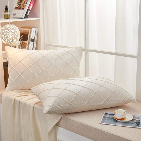 JAUXIO Diamond Pinch Pleated Crystal Velvet Pillowcases - 2 Pack Solid Pintuck Throw Cushion Cover with Hidden Zipper