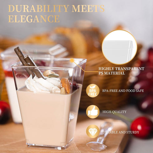 50 Pack 5oz Mini Dessert Cups with Soopns, Clear Square Dessert Bowls Small Plastic Yogurt Parfait Cups Appetizer Cup