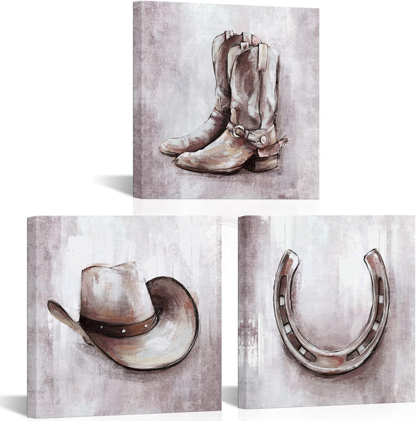 HOMEOART Western Decor Cowboy Hat and Boots Horseshoes Canvas Wall Art Rustic