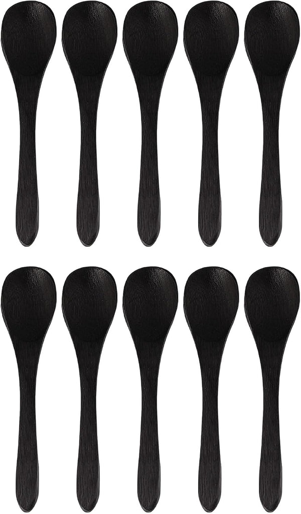 BambooMN Mini Black Serving Spoons, Tiny Wooden Spoons for Spices, 10pcs Black Oval 3.5"
