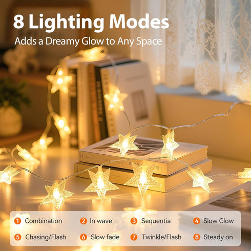 17FT 50LED 8 Lakumu Star String Lights Battery Operated, LED Star Fairy Lights Rechargeable, Twinkle Lights with Modes