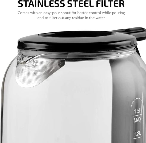 OVENTE Electric Glass Kettle 1.5 Liter, 1500W Instant Hot Water Boiler with ProntoFill Tech, Black KG516B