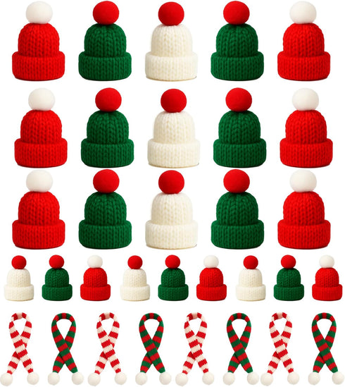 Bonviv 30 Set Pcs Mini Christmas Hats and Scarf Small Santa Hats for Crafts, Mini Santa Hats for Dolls, Mini Snowman