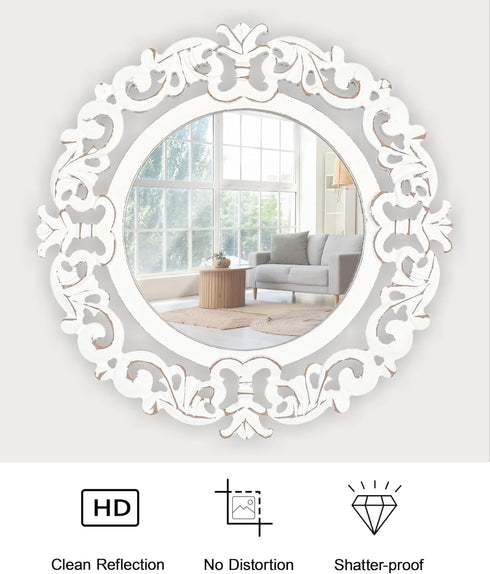 Round Wall Mirror, Hand Carved Rustic Farmhouse Accent Mirror, 14x14 Inch White Antique Entry Mirror for Bathroom