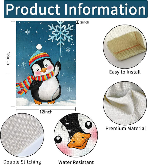 Winter Penguins Garden Flag 12x18 Inch Double Sided Burlap Welcome Christmas Snowflakes Scarfs Outdoor Holiday