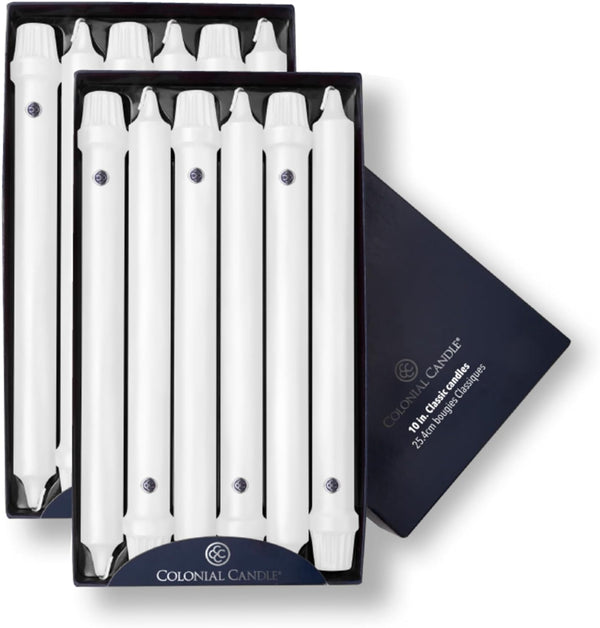 Colonial Candle Unscented Taper Candle, Classic Collection, White, 10 In, Pack of 12