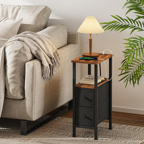 2 1 UTBT005FV2 Narrow Side Table for Small Spaces, Skinny End Table with Charging Station, Sofa Beside Table
