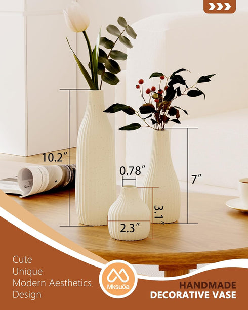 Mksuuoa Set 3 Decorative Flower Vase of - Modern Boho Style Beige Vases, Ribbed Textures Ceramic Vase for Home Decor