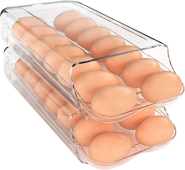 theaoo Automatic Rolling Egg Holder for Fridge, Clear Plastic Egg Dispenser, Stackable Organizer with Quick Removable