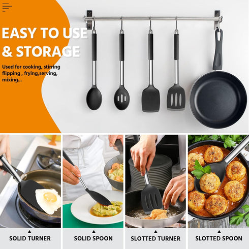 E-far Cooking Utensils Set of 4, Heat Resistant Silicone Kitchen Utensils for Non-stick Cookware (Black)