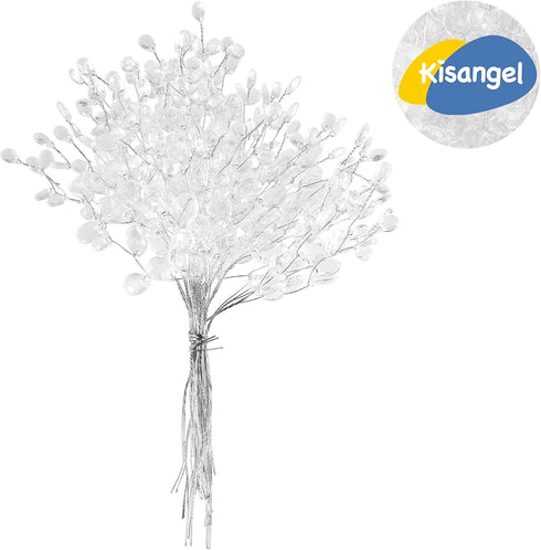 Kisangel White Artificial Flowers, 50Pcs Stem with Crystal Acrylic Bead Drop for Wedding Party Decoration