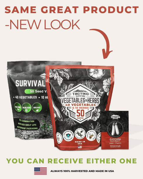 50 35,000 Tactiko Survival Vegetable, Herb & Fruit Seed Kit - U.S.A. Harvested Varieties - Over Non-GMO Heirloom Seeds