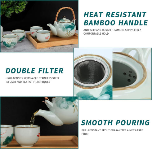 Set Set Set 4, Sets Set Japanese Tea Porcelain Tea with Teapot and Tea Cup for Green and White Tea for Adults