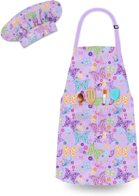 Kids Chef Hat and Apron Set with 2 Large Pockets, Adjustable Chef Costume for Girls Boys Cooking Baking