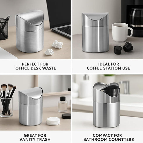Small Mini Trash Can with Lid, Brushed Stainless Steel, Mini Countertop Trash Bin for Desk Office, 1.5 L