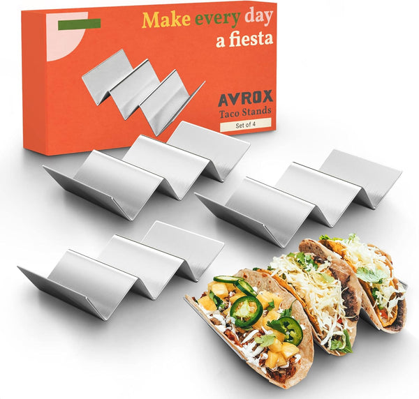 Pack of 4 Stainless Steel Taco Holder Stand - Truck Tray Style, Each Rack Holds 3 Tacos