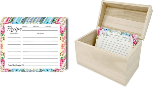 Recipe Box with Cards: 50 Count Floral Recipe Cards, Metal Recipe Box, 4x6 Recipe Cards