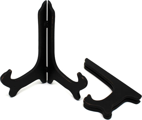 CVHOMEDECO. Antique Distressed Black Wooden Plates Rack, Set of 2, 9 Inch Folding Display Stand for Home Décor