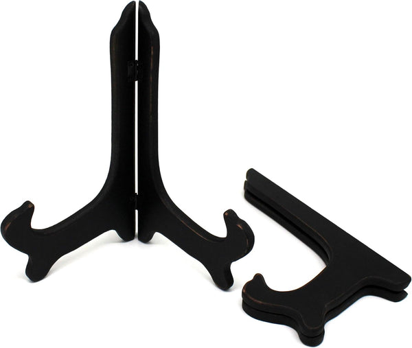 CVHOMEDECO. Antique Distressed Black Wooden Plates Rack, Set of 2, 9 Inch Folding Display Stand for Home Décor