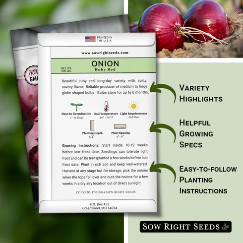 Packet Sow Right Seeds - Ruby Red Onion Seeds for Planting - Non-GMO Heirloom with Instructions to Plant a Home