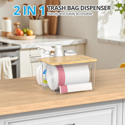 Trash Bag Dispenser Roll Holder - Clear Garbage Bag Holder Dispenser with Bamboo Lid and Sliding Drawer Box, Trash Bag