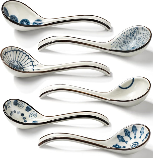Ceramic Soup Spoons Set of 6 Asian Soup Spoon Ceramic Ramen Spoons, Long Handle Japanese Soup Spoon for Dumpling, Noodles, Miso, Chinese Wonton