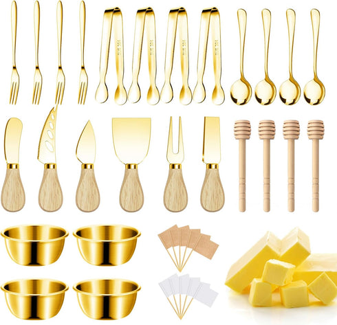 Charcuterie Boards Accessories Gold Utensils Set, Cheese Butter Spreader Knife, Small Serving Tongs, Forks, Spoons