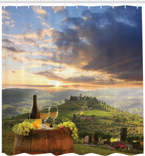 Ambesonne Winery Shower Curtain, Vineyard in Chianti Tuscany, Autumn Sunrise, 69" W x 70" L, Lime Green