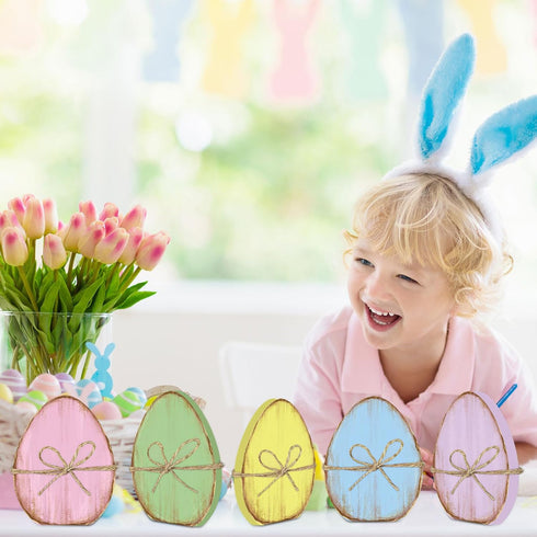 5Pcs Whaline Retro Easter Egg Wooden Signs Colorful Egg Shape Rustic Farmhouse Tiered Tray Decor with Hemp Rope Spring