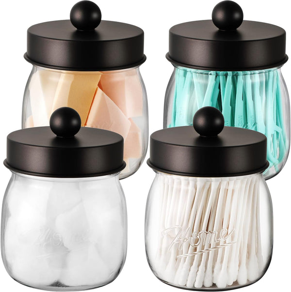 Farmhouse Decor Apothecary Jar Set, Mason Jar Bathroom Storage Organizer for Cotton Swabs, Floss Picks (4 Pack, Bronze)