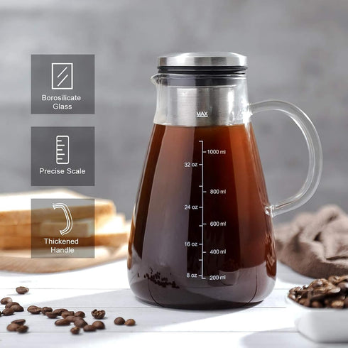 Cold Brew Iced Coffee Maker 34oz, BPA-Free Glass Pitcher with Removable Double Mesh 304 Stainless Steel Filter