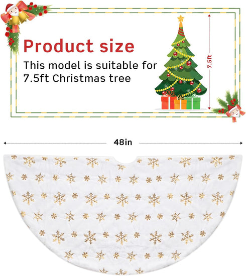 COOLWUFAN 48 Inches Christmas Tree Skirt for Holiday Party Decoration, White Plush Gold Sequin Snowflake