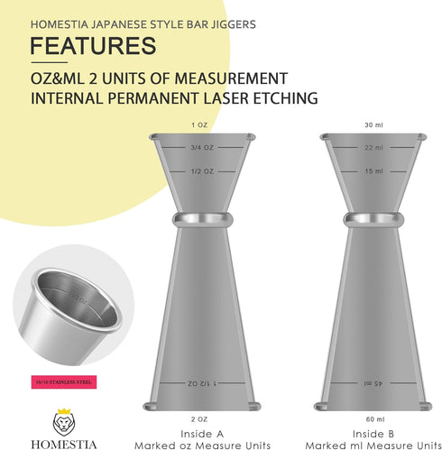 Homestia Double Cocktail Jigger for Bartending - 2 OZ 1 OZ Japanese Premium 304 Stainless Steel, 2 Pcs