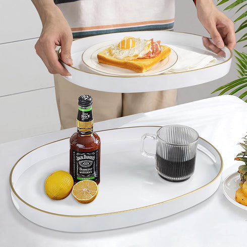 Set 2, MAONAME White Serving Trays with Handles, Oval Decorative Trays for Coffee Table, Nesting Tray of Plastic Vanity