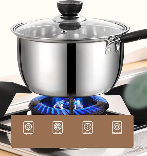 Stainless Steel Saucepan, 1.3 Quart Long Handle Milk Pot with Lid for Cooking, Boiling Milk, Soup (18cm)