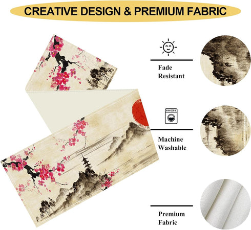 Drapeloft 13"x108" Inch Japanese Table Runner, Cherry Blossom Asian Ink Painting Landscape Anime Nature Vintage Asian
