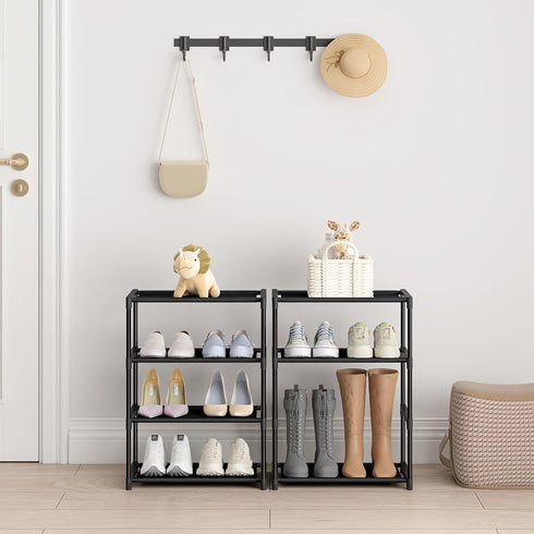 4 Tier Small Shoe Rack, Narrow Stackable Kids Toddler Adult Storage Organizer Shelf for Closet, Entryway, Bedroom