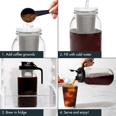 Primula Mason Jar Cold Brew Iced Coffee Maker, Stainless Steel Filter, 2-Quart, Black, Dishwasher Safe