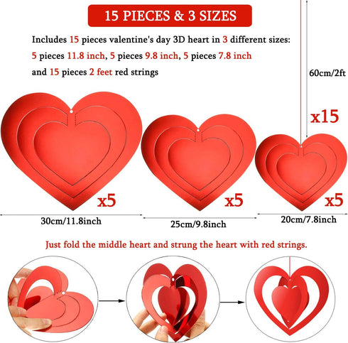 15 Pieces Valentine's Day 3D Heart Hanging Decorations - Red Hearts Hanging Ornaments with Ribbons for Party Supplies