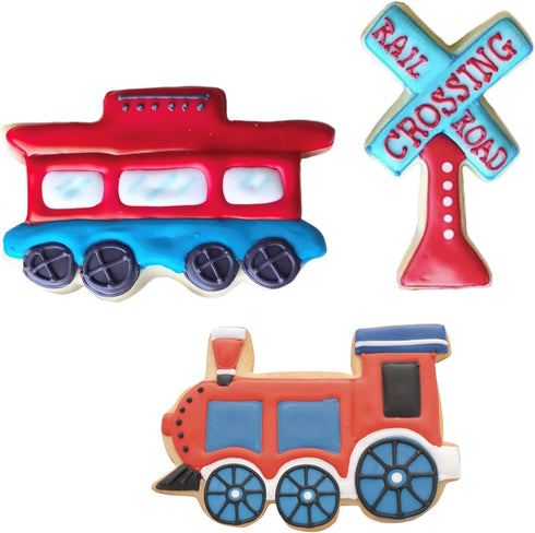 3-Pc. Set Ann Clark Train Railroad Cookie Cutters (Train Engine, Caboose, Railroad Crossing Sign) Made in USA