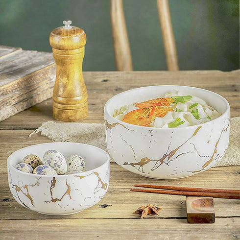 Ceramic Cereal Bowl, Marble Soup Bowl 17 OZ, Luxury Gold Inlay Dessert Bowl, Microwave Safe