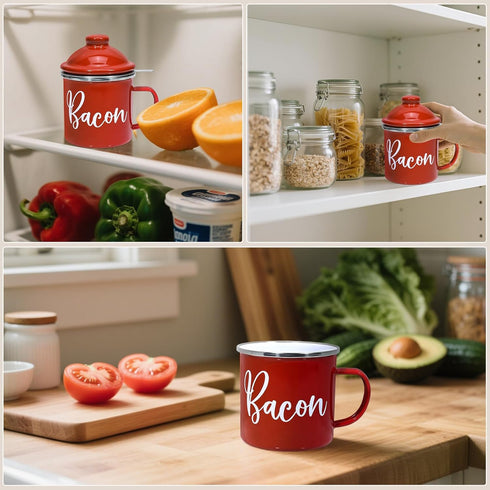 15oz Bacon Grease Saver with Strainer - Enamel Grease Container, Farmhouse Bacon Grease Keeper For Kitchen Fat Storage
