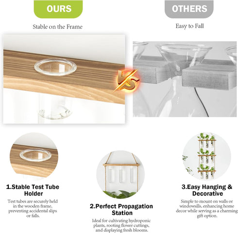 (9 XXXFLOWER Wall Hanging Propagation Station with Wooden Stand Glass Test Tubes Tiered Planters Wall Terrarium