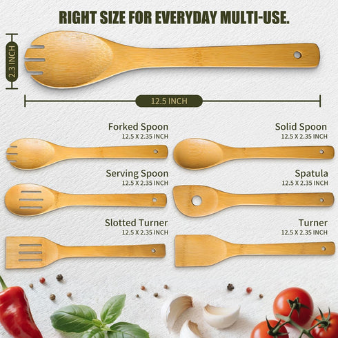 IOOLEEM Bamboo Wooden Spoons for Cooking, 6 Pcs 12 Inch Non-Stick Kitchen Utensils Set, Durable Wooden Spatula Spoons