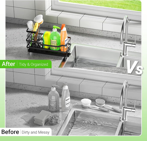 Countertop, Sponge Holder for Kitchen Sink, Self-Draining Sink Caddy Organizer with Removable Brush Holder, Rustproof